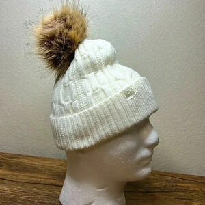 Calvin Klein White Knit Faux Fur Pom Beanie Hat Calvin Klein Women`s Faux Fur Cable Knit Pom Pom Beanie (as1  main image 4
